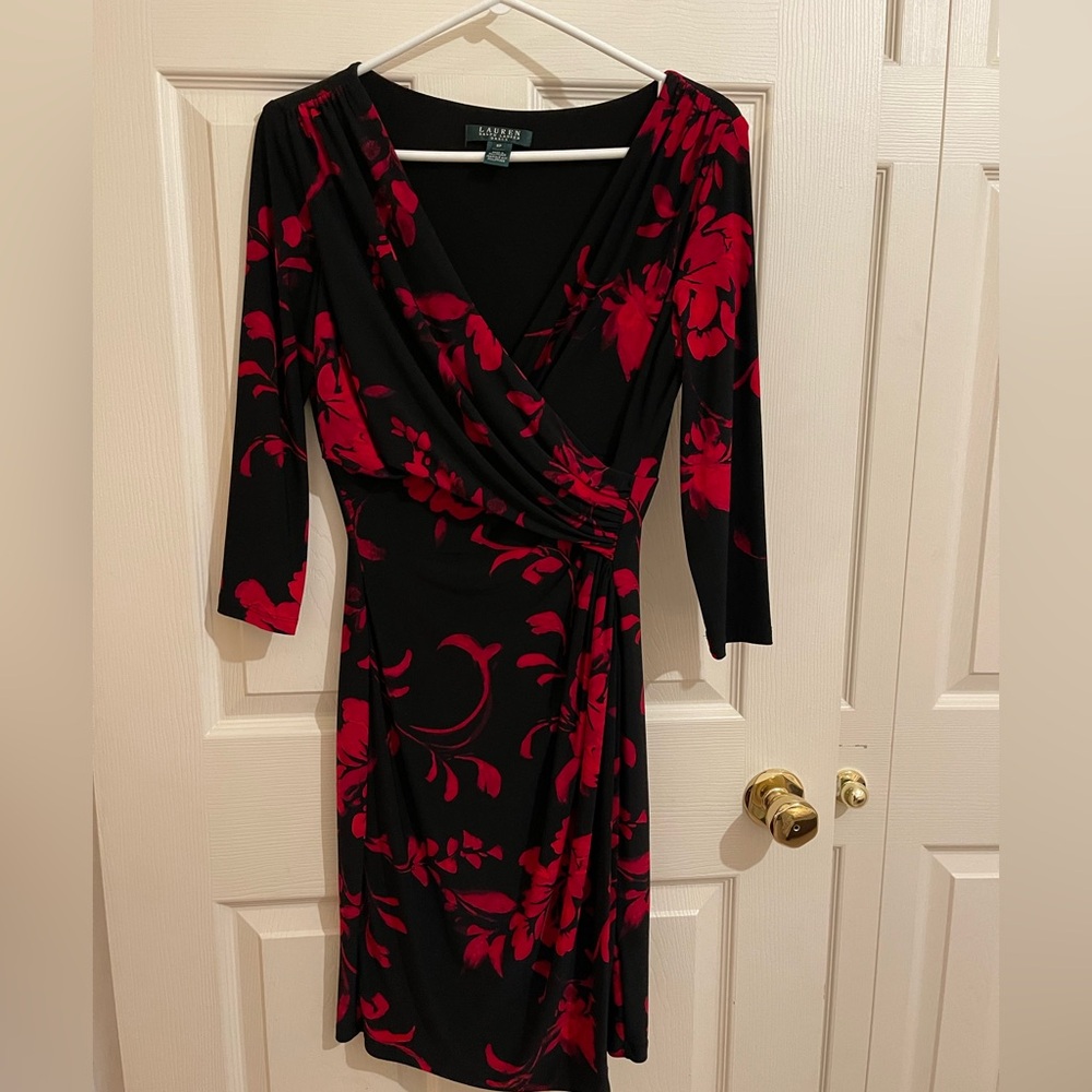 Ralph Lauren Black Dress with Red Floral Wrap-Style Long Sleeves